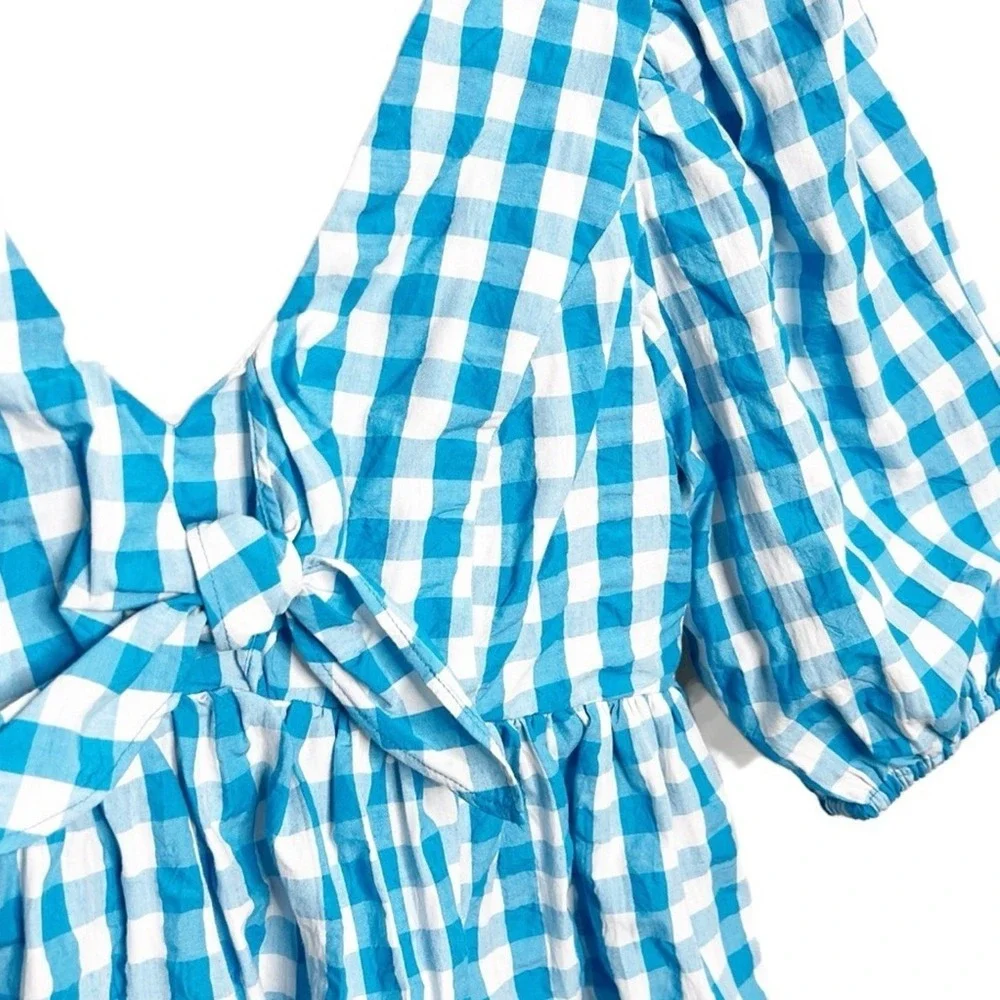Lilly Pulitzer Blue White Gingham Check Puff Sleeve Tie Front Peplum Top Size 10